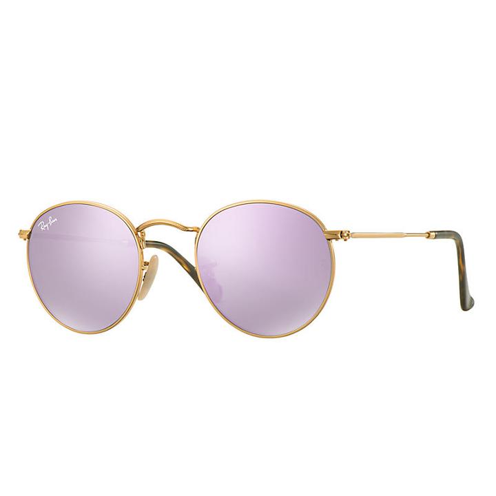 Ray-ban Round Flat Gold Sunglasses, Violet Lenses - Rb3447n