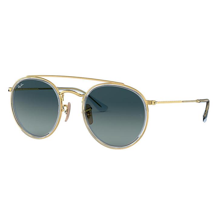 Ray-ban Round Double Bridge Gold Sunglasses, Blue Lenses - Rb3647n