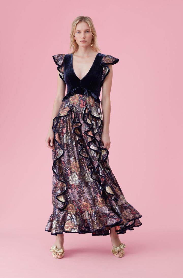 Rebecca Taylor Glistening Rose Velvet Ruffle Dress