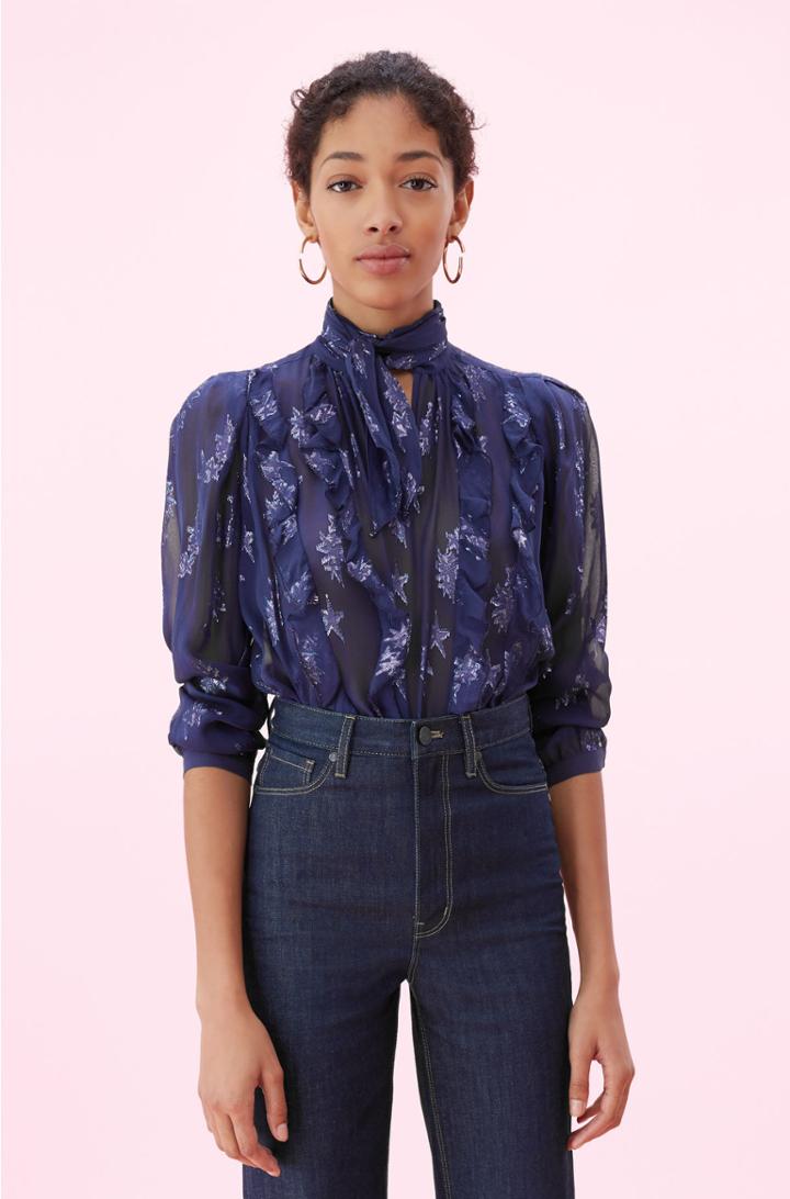 Rebecca Taylor Metallic Star Clip Tie Neck Top