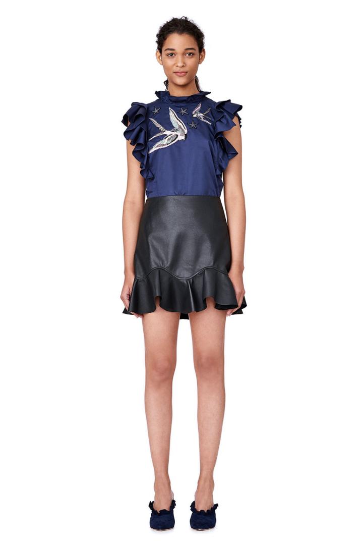 Rebecca Taylor Stretch Sateen Bird Embellished Top