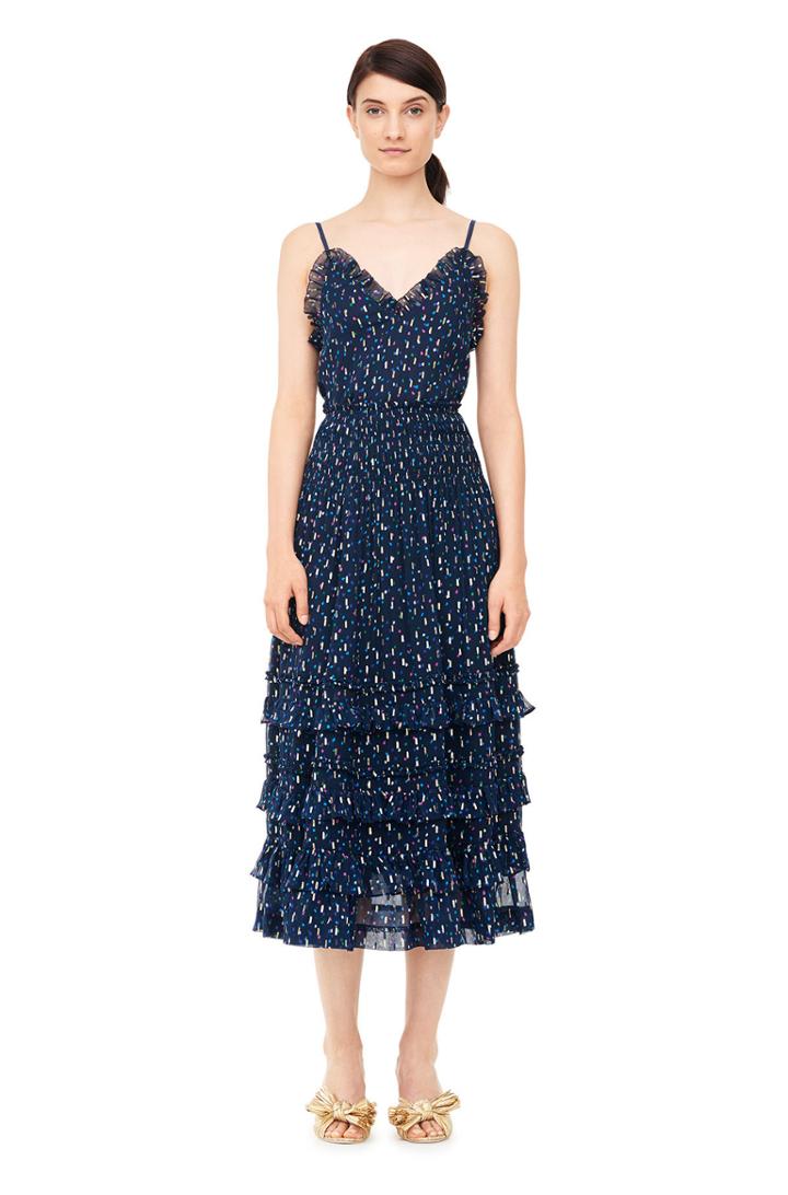 Rebecca Taylor Speckled Dot Metallic Clip Smocked Skirt
