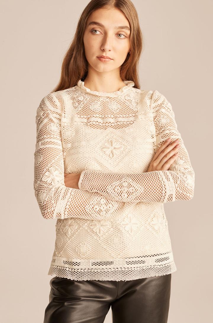 Rebecca Taylor Rebecca Taylor Embroidered Mesh Mock Neck Top