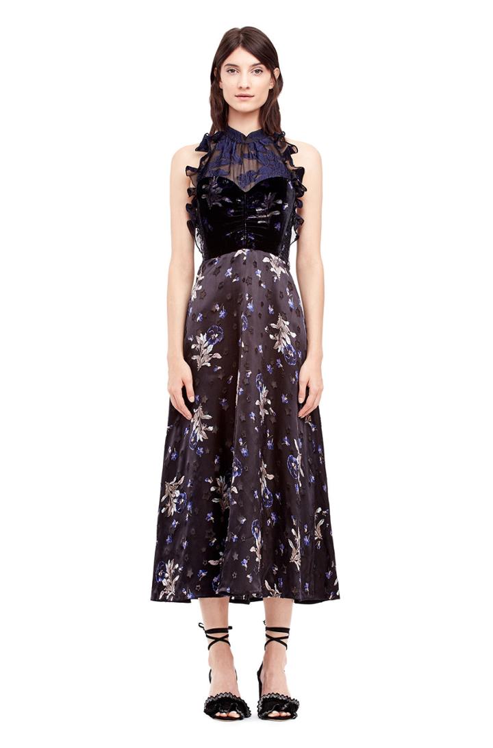 Rebecca Taylor Violet Floral Satin Burnout & Velvet Halter Dress