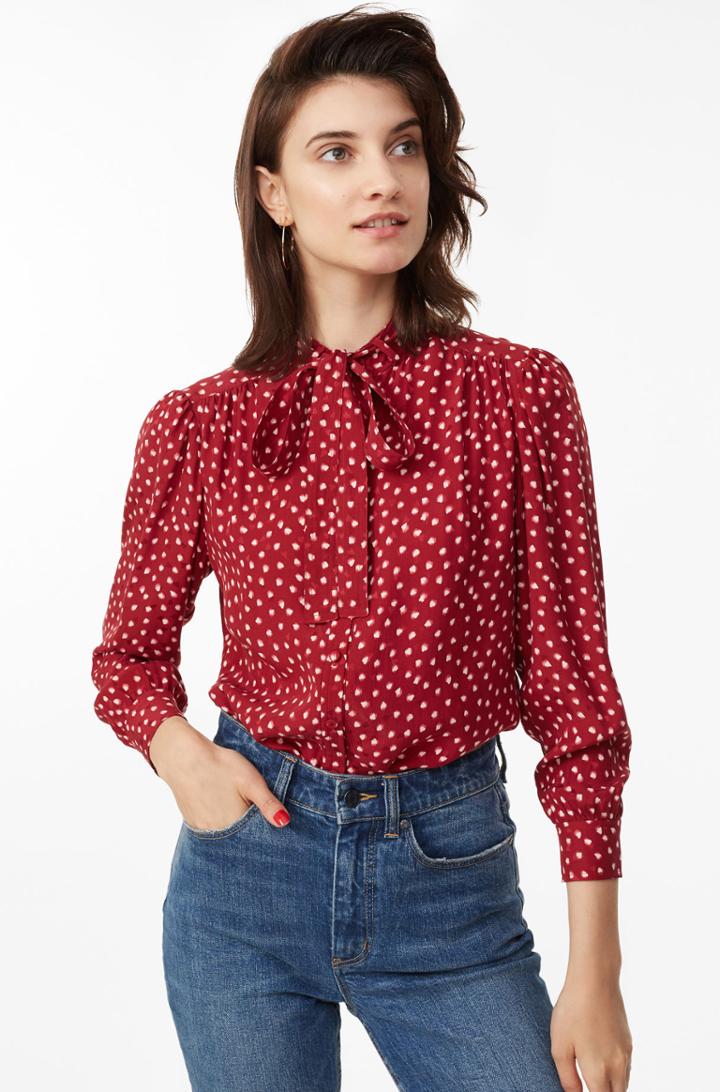 Rebecca Taylor Blurry Heart Silk Tie Neck Top