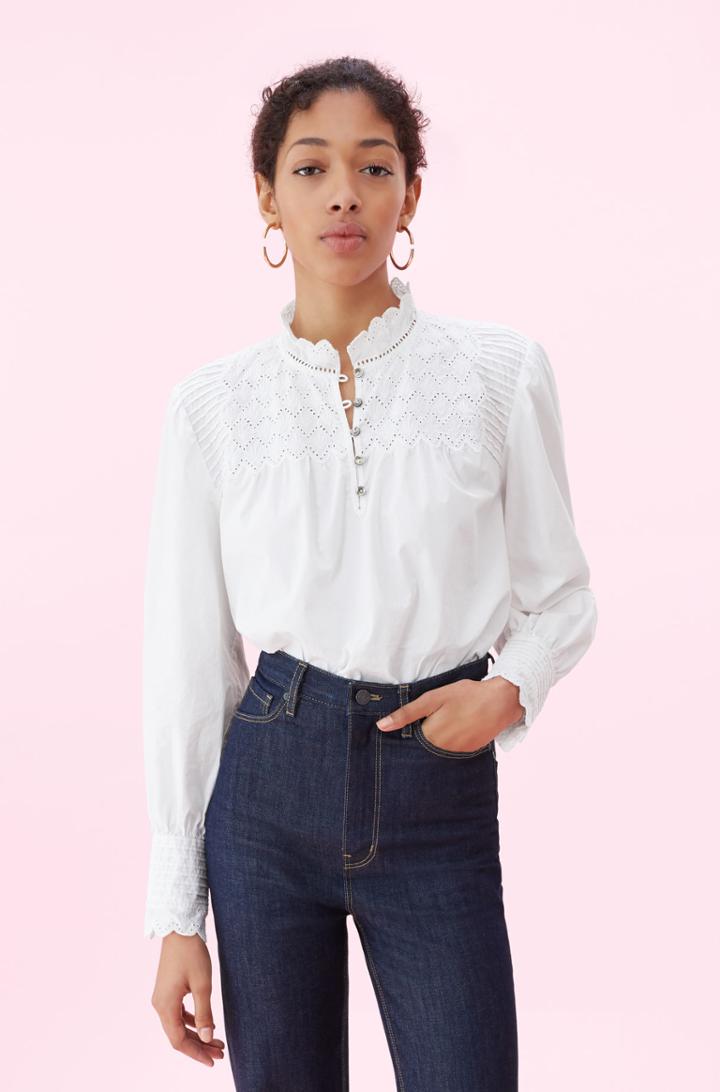 Rebecca Taylor La Vie Peached Poplin Embroidered Top