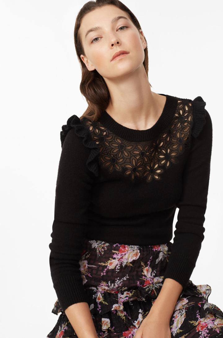 Rebecca Taylor Rebecca Taylor Emilie Embroidered Pullover Sweater Black, Size Large