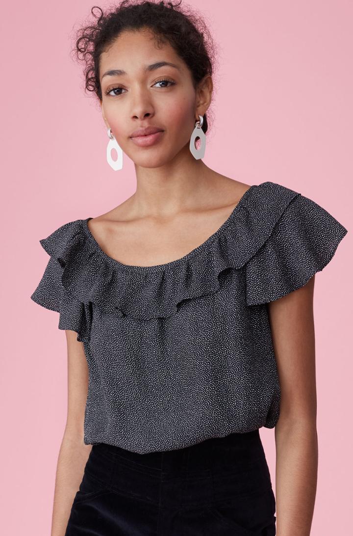Rebecca Taylor Sprinkle Dot Silk Ruffle Top