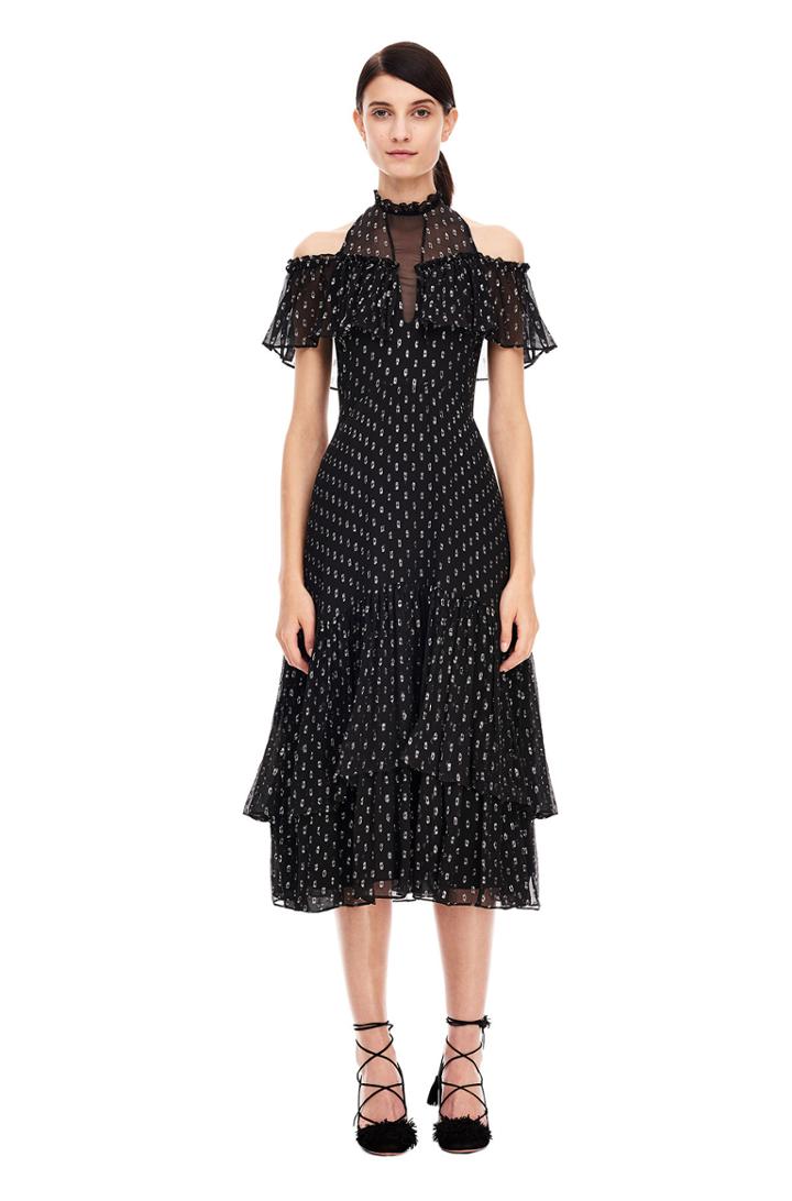 Rebecca Taylor Open Shoulder Metallic Clip Dress