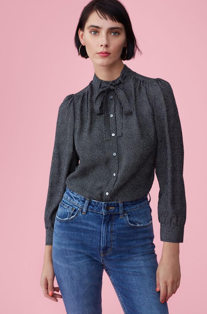 Rebecca Taylor Sprinkle Dot Silk Tie Neck Top