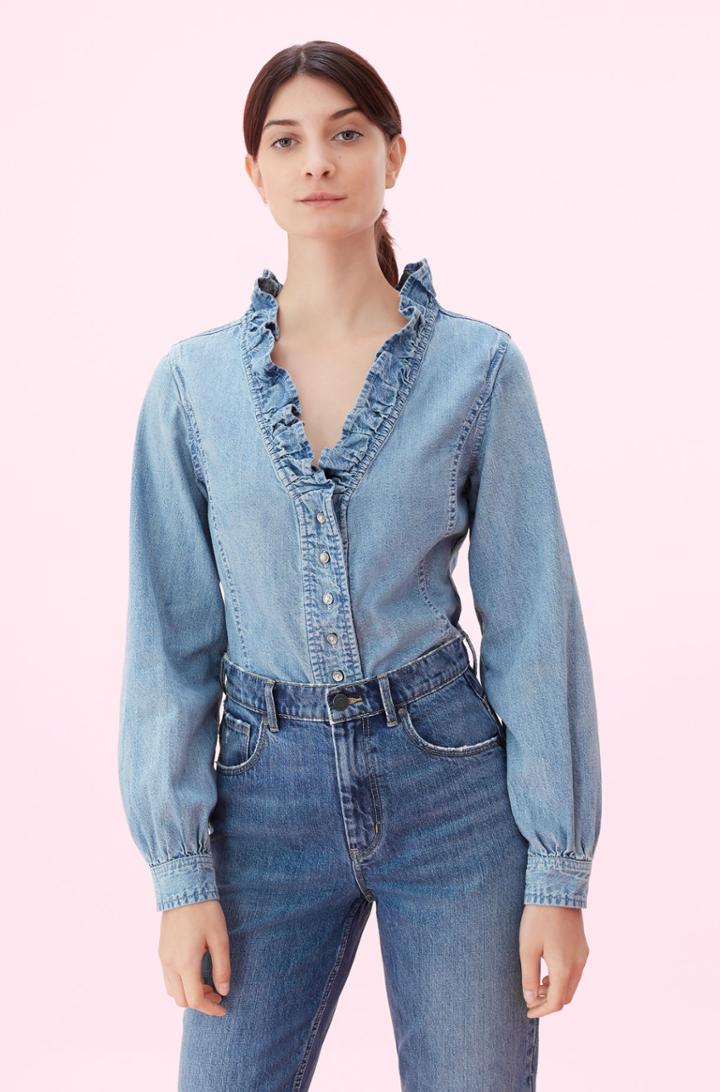 Rebecca Taylor La Vie Drapey Denim Ruffle Top