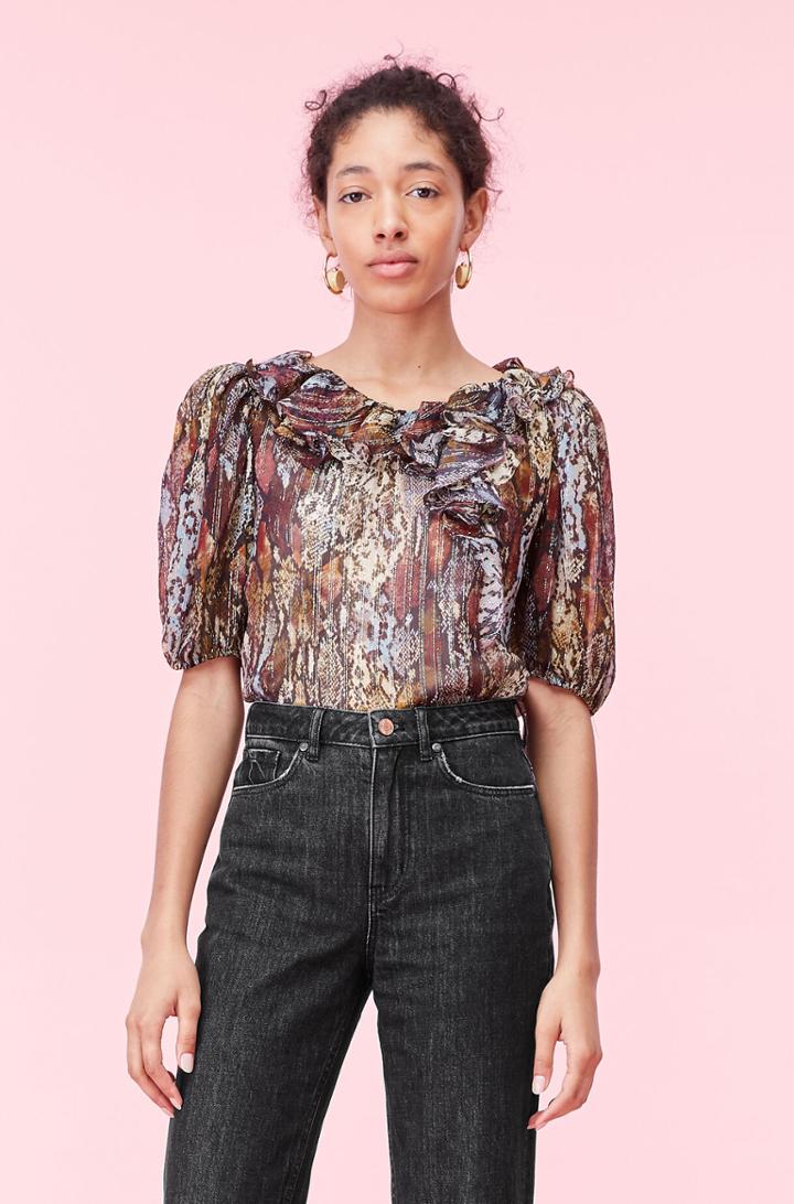 Rebecca Taylor Rebecca Taylor Watercolor Snake Lurex Ruffle Top