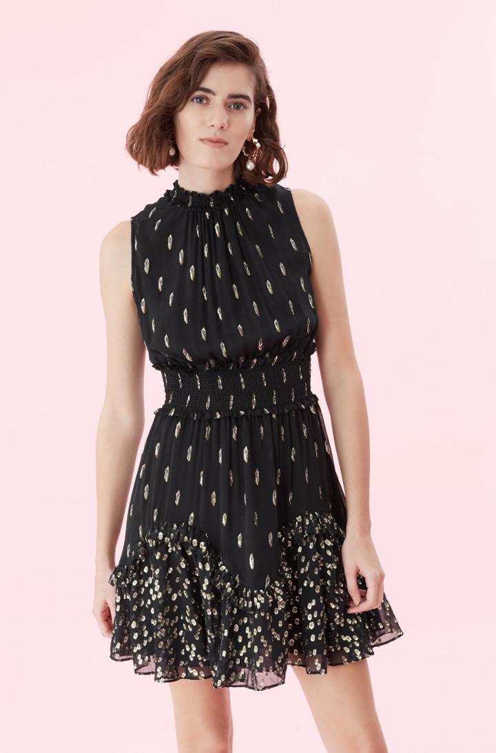 Rebecca Taylor Rebecca Taylor Mixed Metallic Clip Smocked Dress Black, Size 0