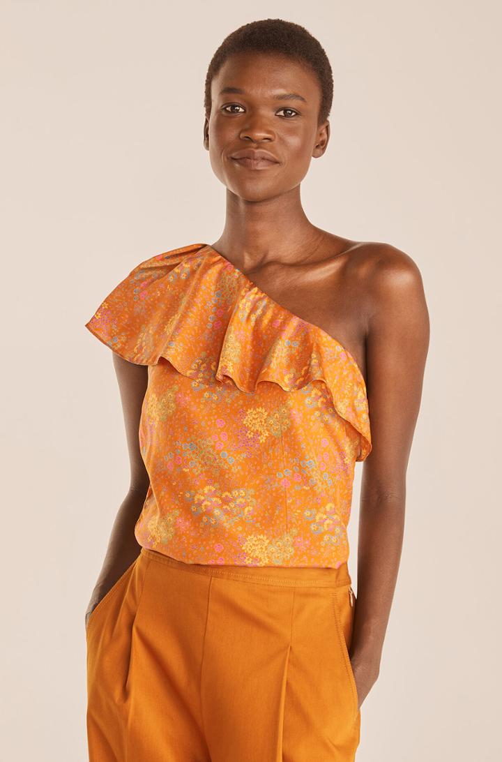 Rebecca Taylor Rebecca Taylor Printed One-shoulder Ruffle-sleeve Top