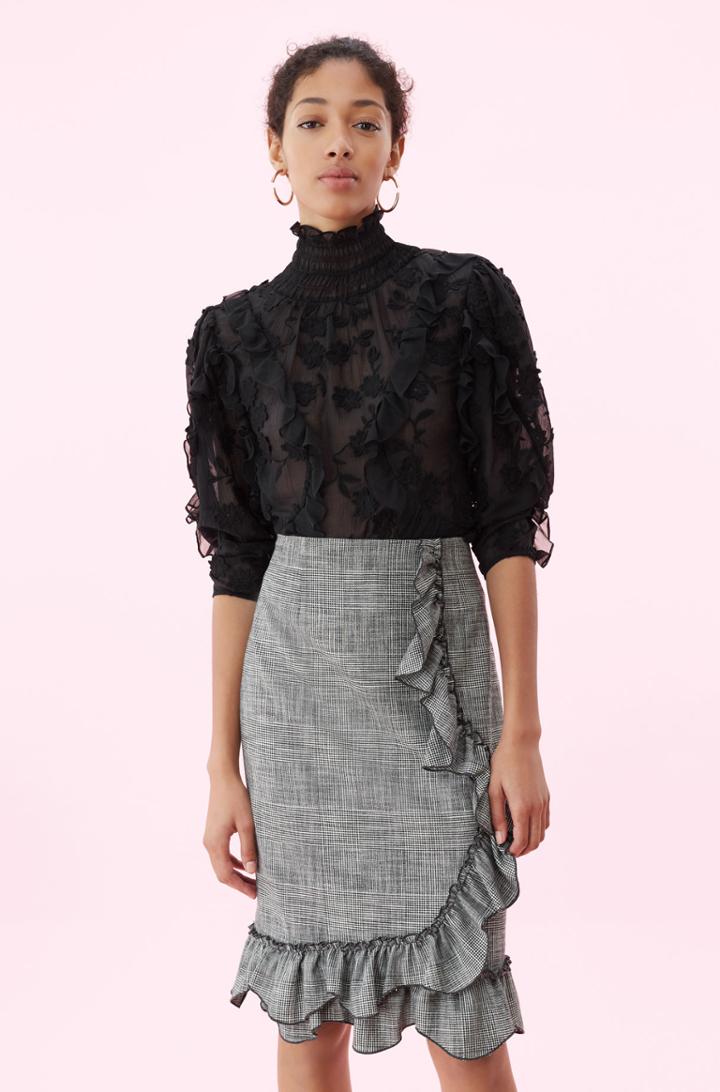 Rebecca Taylor Silk & Embroidered Ruffle Top