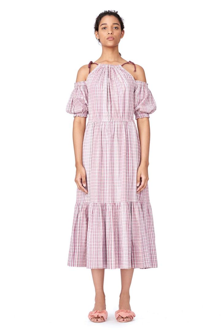 Rebecca Taylor La Vie Lurex Plaid Open Shoulder Dress