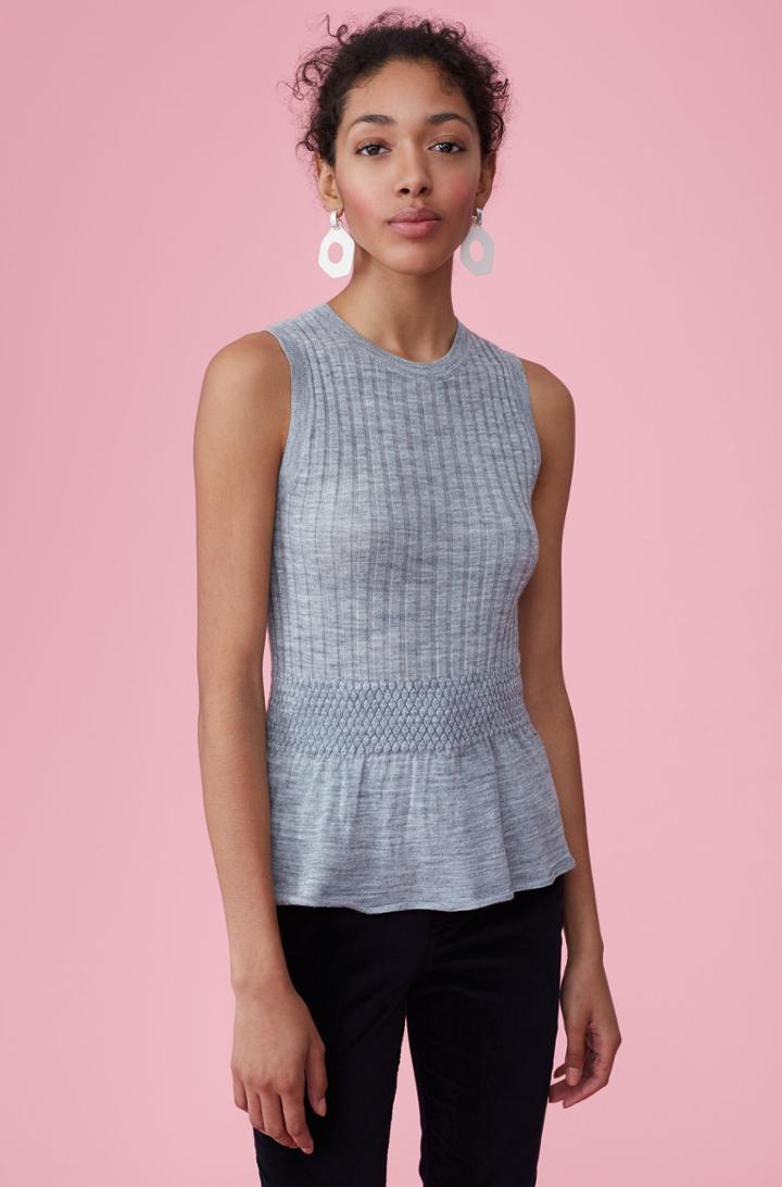 Rebecca Taylor Rebecca Taylor Smocked Rib Peplum Pullover Sweater Heather Grey, Size Small