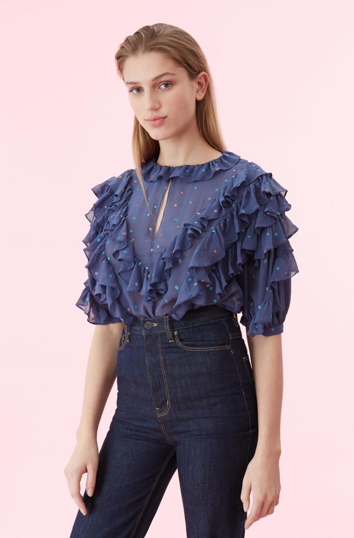 Rebecca Taylor Glitter Gem Chiffon Ruffle Top