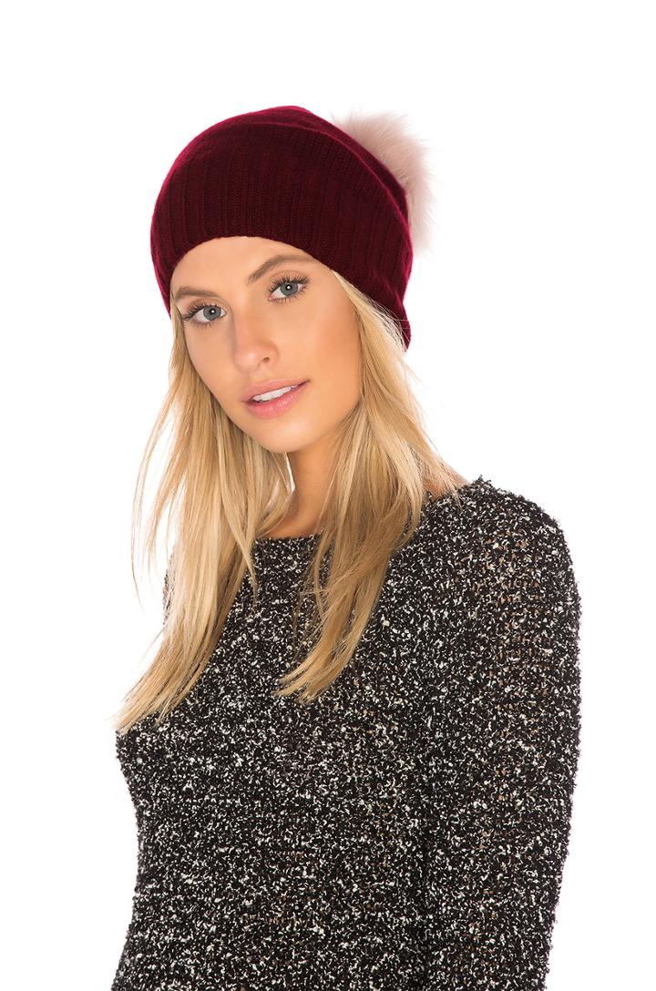 Slouchy Cuff Beanie With Dyed Fox Fur Pom