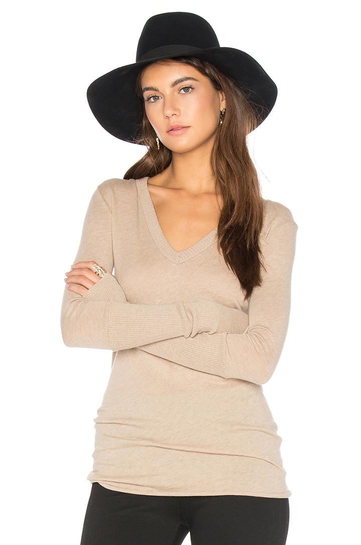 Rib Cuff V Neck Long Sleeve Tee