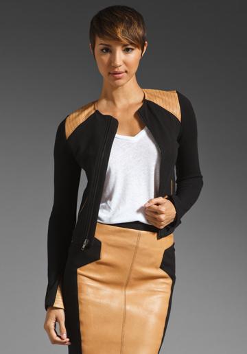 Love Zooey Leather Fitted Zip Jacket In Black Camel