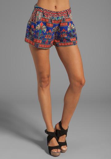 Anna Sui Egyptian Revival Stripe Border Print Silk/linen Shorts In Blue