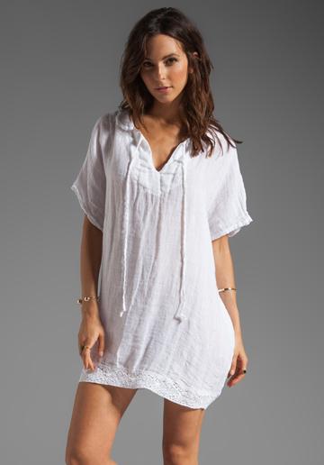 Michael Stars Textured Linen Antonia Elbow Sleeve Split Neck Caftan In White