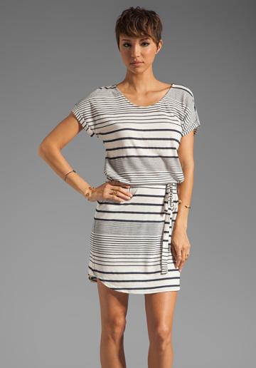 La Made Variegated Stripe Boatneck Belted Dress In Navy