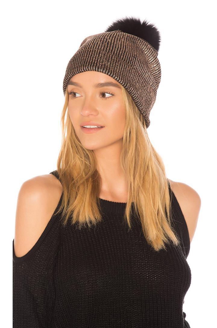 Metallic Hat With Fox Pom