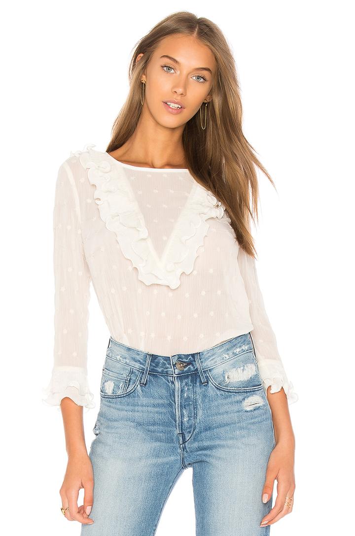 Ruffle Neck Embroidered Top In Ivory