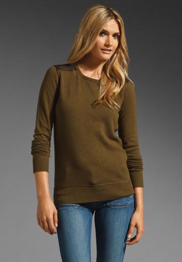 Michael Stars Crew Neck Pullover Sweater With Leather Trim In Olive