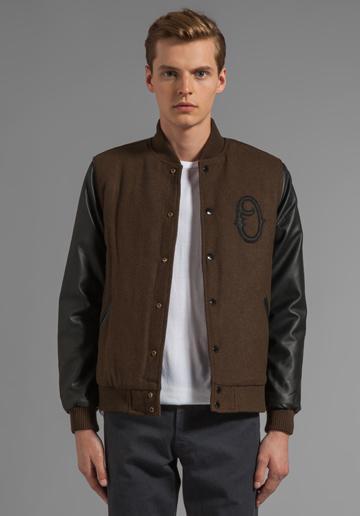 Obey The O Varsity Jacket With Faux Leather Sleeve In Army