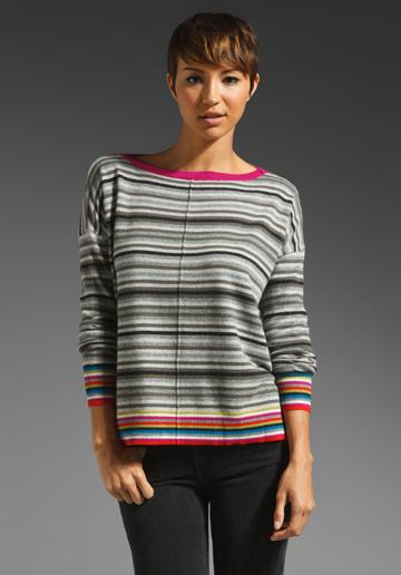 Autumn Cashmere Multi Stripe Button Back Boatneck Sweater In Gray,stripes