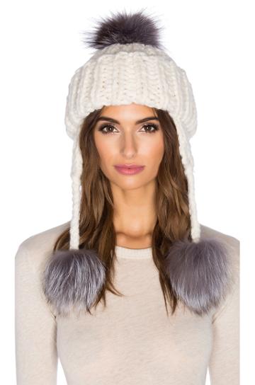 Handknit Natural Silver Fox Fur Pom Pom Trapper Beanie