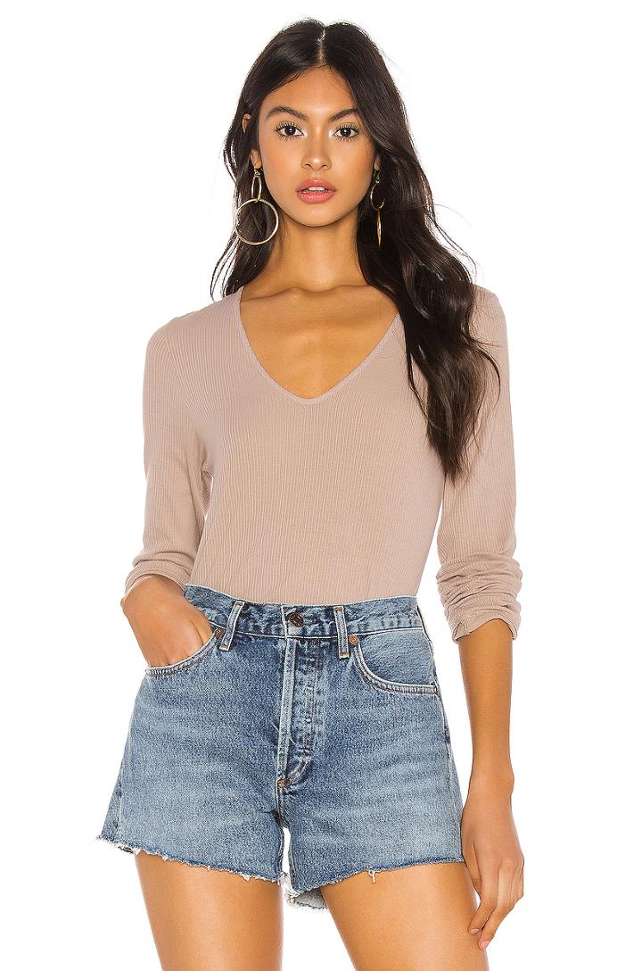 Rib V Neck Long Sleeve