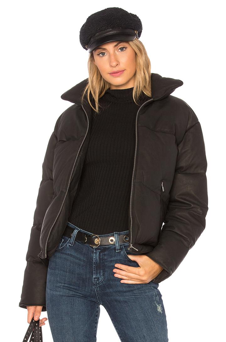 Washed Leather Puffer With Rabbit Fur