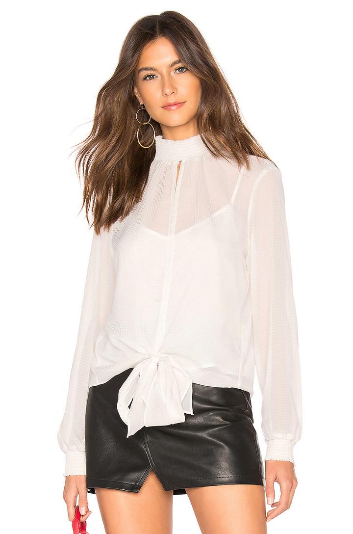 Long Sleeve Smocked Neck Sheer Check Blouse