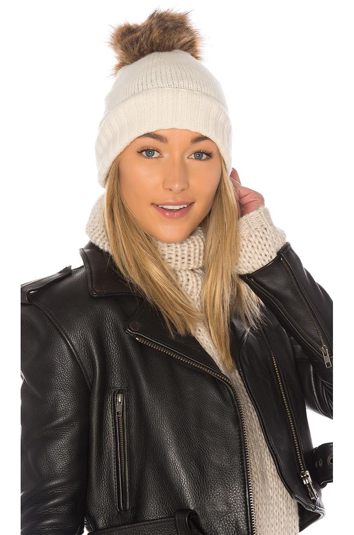 Slouchy Cuff Beanie With Faux Fur Pom