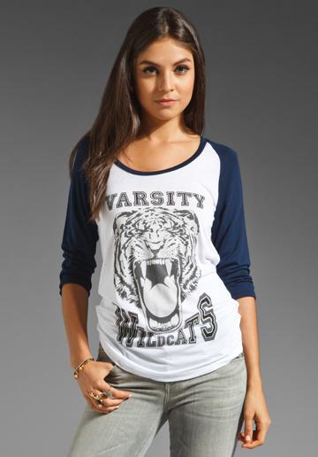 Lauren Moshi Frankie Wildcats Raglan Baseball Tee In White/navy