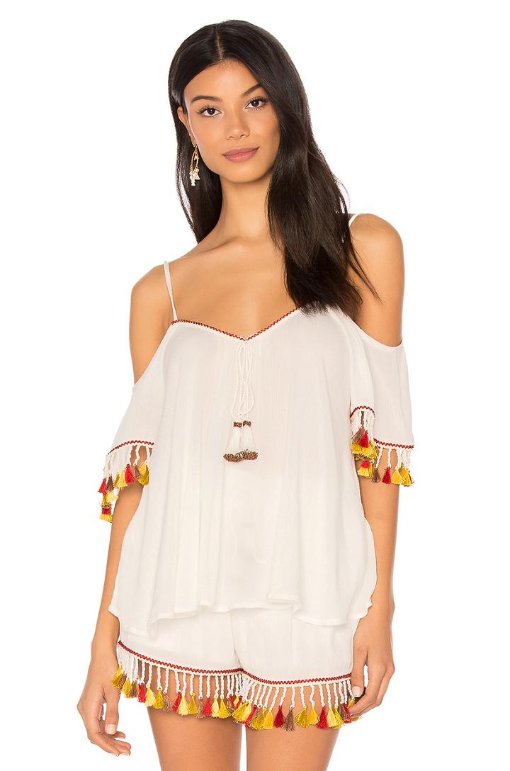 Tassel Trim Cold Shoulder Top