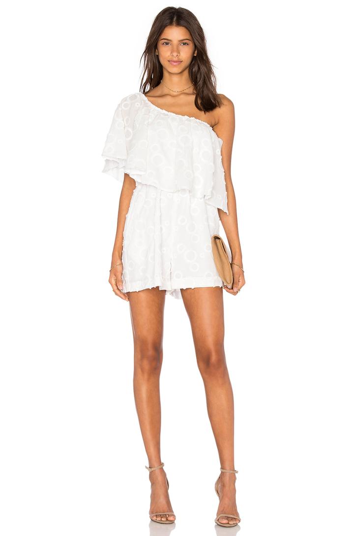 Spot Fringe One Shoulder Ruffle Romper