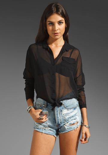 Brandy Melville Juliette Sheer Crop Tie Button Up In Black