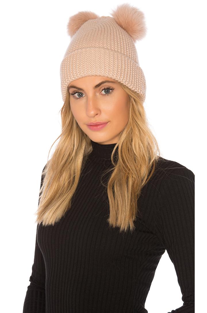 Double Pom Pom Beanie With Fox Fur