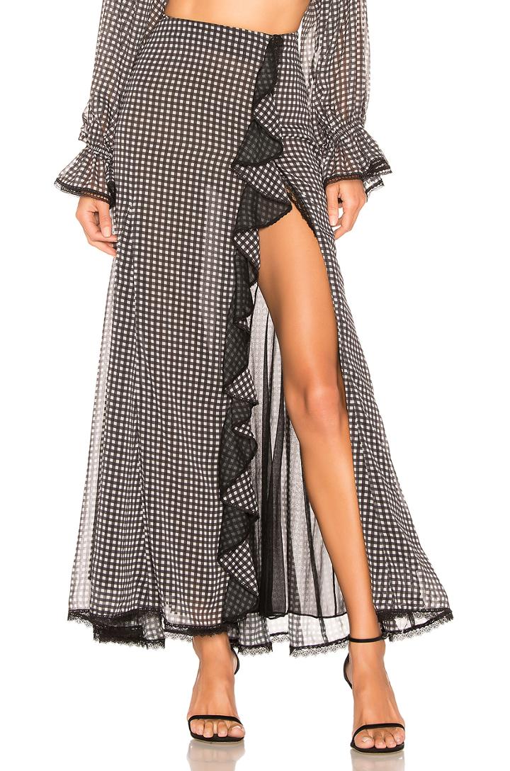 Gingham Ruffle Slit Maxi Skirt