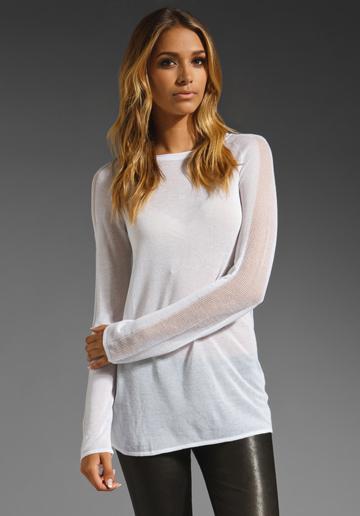 T By Alexander Wang Sheer Long Sleeve Boat Neck Tunic W/ Pointelle Sleeve Detail In White