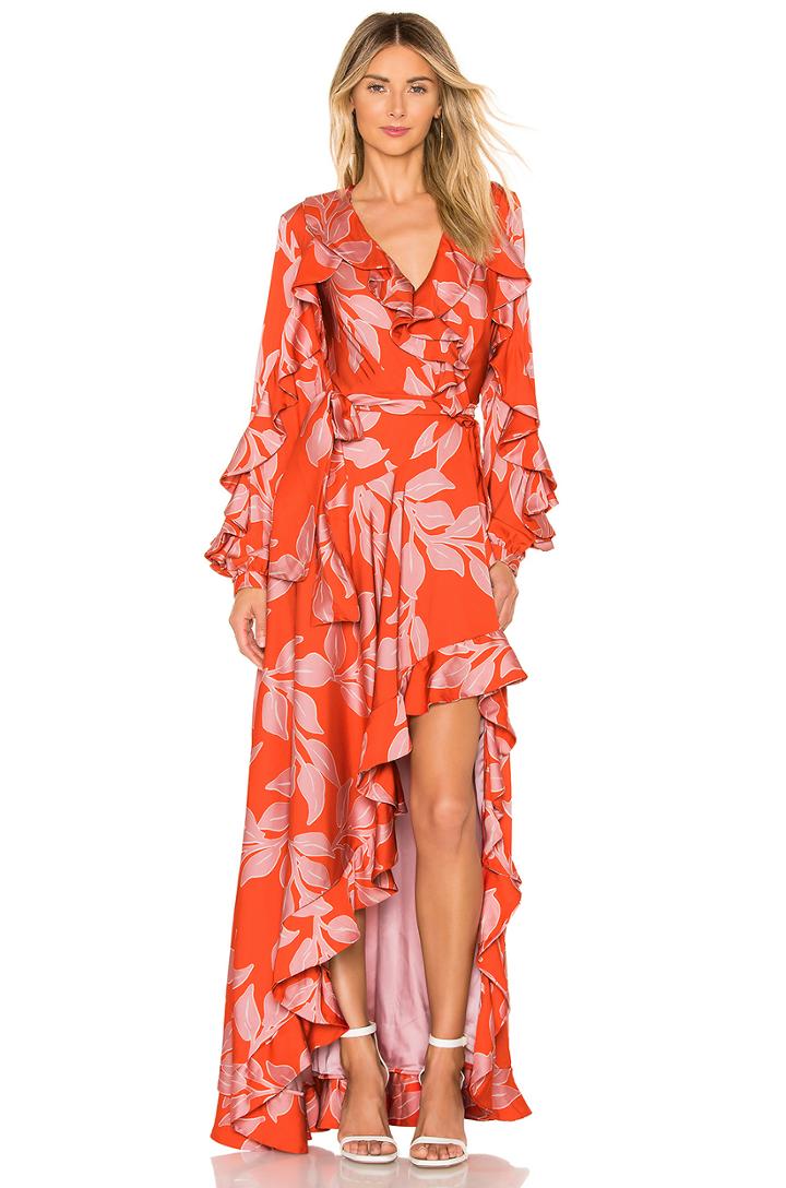 Leaf Print Ruffle Sleeve Maxi Dress
