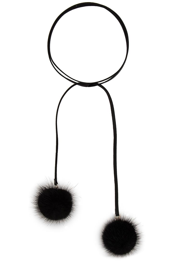 Mink Fur Pom Leather Necklace