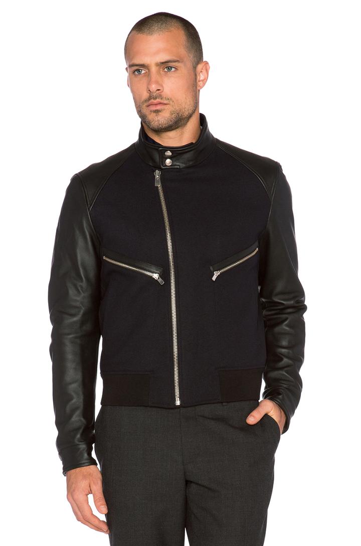Navy Jacket With Leather Sleeves & Check Flannel Lining