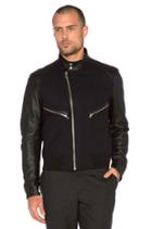 Navy Jacket With Leather Sleeves & Check Flannel Lining