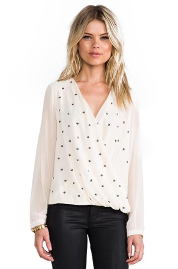 Mm Couture By Miss Me Studded Drape Blouse In Beige